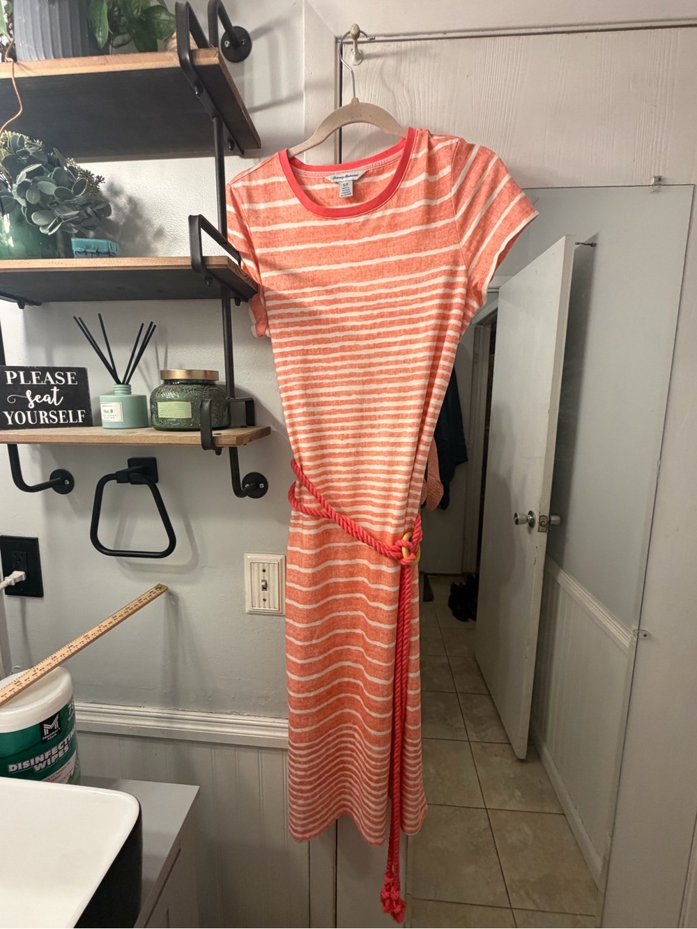 Tommy Bahama Orange & White Striped Short-Sleeve Maxi Dress with Rope Belt